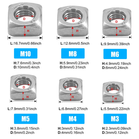 Killer 200 Piece Metric Square Nut Assortment Kit Forged From 304 Stainless Steel M3 M4 M5 M6 M8 M10 Sizes, showcasing various sizes.