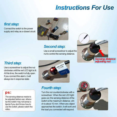 Instructions on adjusting Capacitance Proximity Sensor Switch 1 To 10 mm Adjustable Sensing Distance NPN Normally Open M18 3 Wire