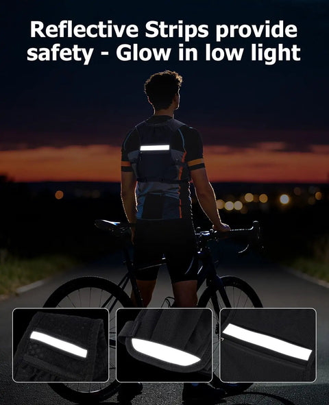 Reflective strips on Lightweight Running Vest With Dual 500ml Soft Flasks enhancing visibility at night for cycling.