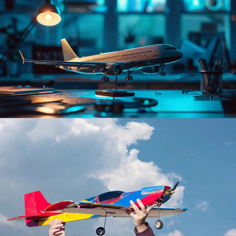 RC airplane on desk and colorful RC aircraft held in hands, Diameter Five Sixteenth Inch And Length Two Point Four Inch Landing Gear Axle Shaft Drive Axle Nuts Four Piece Set For RC Airplane And Helicopter Beefed Up Wheel Drive Components For Stable Gear Performance visible.