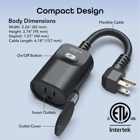 Weatherproof Indoor Outdoor Smart Plug With One Socket Handy Remote Control And Timer Set Lights And Devices From Anywhere Works With Alexa And Google Assistant Requires 2.4 GHz WiFi Black, showing compact design with outlet cover and on/off button.