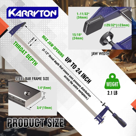 Heavy Duty 2 Pack Steel Bar Clamps 24 Inch Quick Adjust F Clamps with dimensions for throat depth, jaw width, and steel bar size.