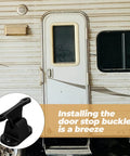 Premium T-Shaped Nylon Trailer Door Catch For Rv Camper and Enclosed Utility Trailers with Heavy Duty Hold Hooks installed on RV door.