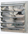 18 Inch Wall Mounted Exhaust Fan With Automatic Shutter And Variable Speed For Home Attic Shed Or Garage Ventilation 1736 CFM Keeps It Cool And Cuts Cooling Costs Covers Up To 2600 Sq Ft Cord Not Included, angled side view with open shutters