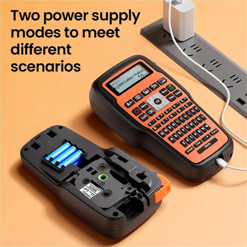 Slick E1000 Pro Handheld Portable Label Printer For Fast Industrial Marking On Multiple Surfaces With Hella Efficient Personalized Adhesive Labels And Boss Level Workspace Organization Tool In Classic Gray, showing battery compartment and power cord.