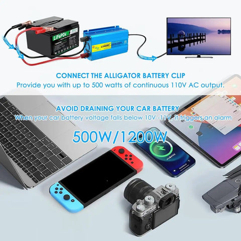 Powerful 500W Continuous Pure Sine Wave Car Inverter 24V DC To 110V 120V AC With 2 Sockets And USB Port shown with battery setup