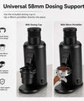 Single Dose Espresso Coffee Grinder With Magnetic Chute 80 Mm Flat Burrs Brushless Motor Stepless Dial In Control with dosing cup and portafilter.