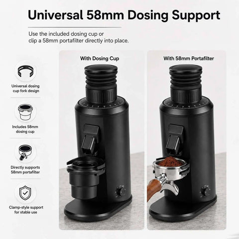 Stepless Burr Coffee Grinder With 80Mm Flat Burrs And 550W Brushless Motor showcasing dosing cup and 58mm portafilter support.
