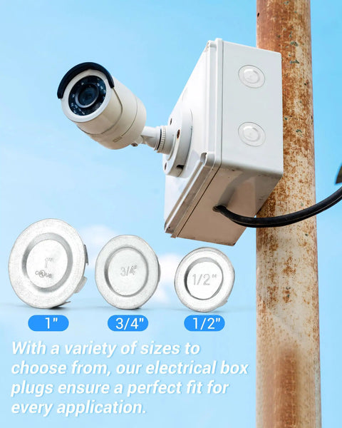 Heavy Duty 12 Pack 1 Inch Knockout Plugs Secure Electrical Box Seals Block Dust And Moisture Intrusion Built Tight Weather Proof Conduit Covers Job Site Tough with various sizes shown.