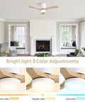 42" Low Profile Ceiling Fan with Light, Matte White Wood Blade Flush Mount Fan, showing 3 color adjustments for light.