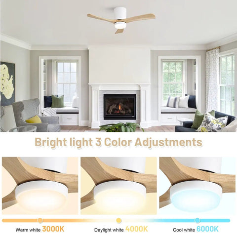 42" Low Profile Ceiling Fan with Light, Matte White Wood Blade Flush Mount Fan, showing 3 color adjustments for light.