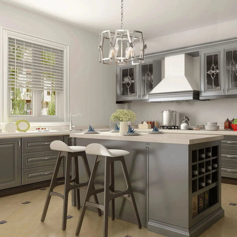 Brushed Nickel Drum Pendant Chandelier For Dining Room 4 Light Modern Round Fixture above kitchen island