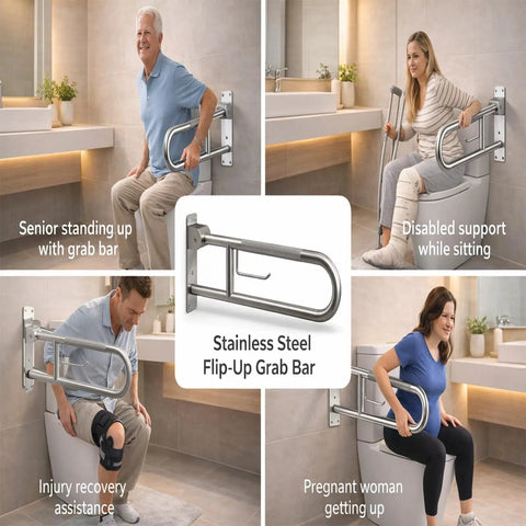 Super Sturdy Flip Up Toilet Grab Bar With Integrated Paper Holder Heavy Duty Stainless Steel Bathroom Safety Rail Anti Slip Folding Handrail For Seniors No Sweat Setup showing senior, disabled, pregnant users.