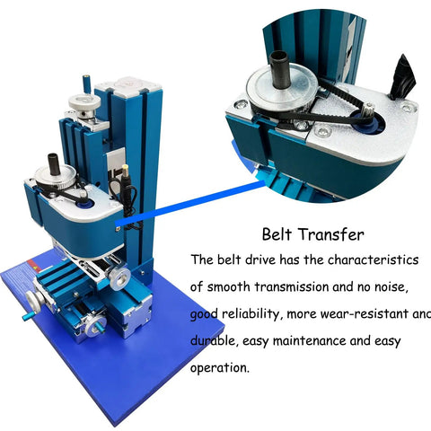 Compact Mini Metal Milling Machine With AC100V-240V Power, detailed view of belt drive mechanism and features description.