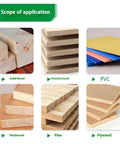 Scope of application for Pro Woodworking Router Bit Set With Dual Upper Lower Bearing Systems For Stable Edging Trimming Plus Vibrations Less 7 Color Coated Shanks, showing solid wood, plywood, and PVC.
