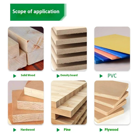 Scope of application for Pro Woodworking Router Bit Set With Dual Upper Lower Bearing Systems For Stable Edging Trimming Plus Vibrations Less 7 Color Coated Shanks, showing solid wood, plywood, and PVC.