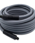 Kink Free Hybrid Air Compressor Hose Three Eighth By Fifty Foot Dual Quarter Inch Male Npt, gray hose coiled with ends visible.