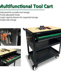 Rolling Tool Cart With 3-Tier Workshop Storage, Black Metal Frame And Wooden Top Workbench, Built Tough Wheels And 330Lb Load Capacity Organizer Cabinet For Garage, Shop, And Warehouse
