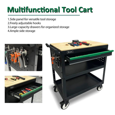 Rolling Tool Cart With 3-Tier Workshop Storage, Black Metal Frame And Wooden Top Workbench, Built Tough Wheels And 330Lb Load Capacity Organizer Cabinet For Garage, Shop, And Warehouse