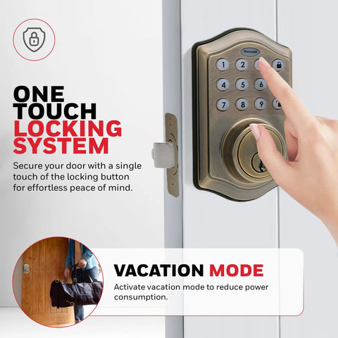 Keyless Entry Door Lock With Smart Electronic Keypad Deadbolt 50 User Codes Auto Lock Alarm After Four Incorrect Attempts Easy Install No Brainer Front Door Security Upgrade Antique Brass Finish being used.
