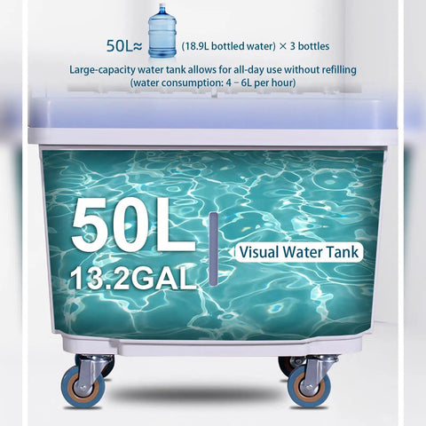 Heavy Duty Evaporative Swamp Cooler With 13.2 Gallon Tank And Four Premium Ice Packs showing 50L visual water tank for easy monitoring.