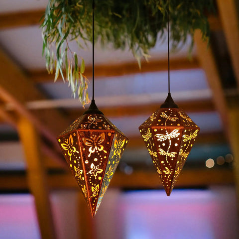 Two Pack Outdoor Solar Lanterns Hanging Waterproof Lights In Bronze With Diamond Shape, Rechargeable Solar Garden Decor