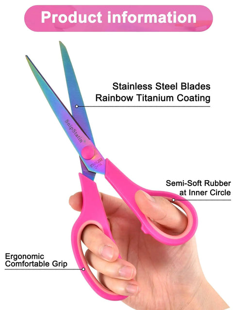 Heavy Duty 8.5 Inch Office Scissors With Titanium Coated Blades And Ergonomic Semi Soft Rubber Grip All Purpose Fabric Sewing School Craft Scissors 3 Pack, pink handle close-up