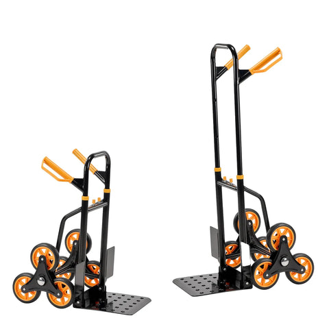 Heavy Duty Stair Climbing Dolly With Rolling Tracks And Swivel Casters Makes Moving Furniture Or Appliances Upstairs A Total Breeze. This Folding Hand Truck Carries Two Hundred Sixty Five Pounds For Rock Solid Balance On Every Step, showcasing a sturdy three-wheel design.