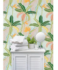 Tropical Botanical Vinyl Wallpaper Featuring Subtle Leather Texture Built Different Heavy Duty Commercial Grade Finish Custom Printed, showcasing green leaves and colorful flowers.