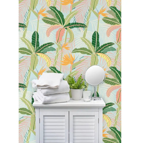 Tropical Botanical Vinyl Wallpaper Featuring Subtle Leather Texture Built Different Heavy Duty Commercial Grade Finish Custom Printed, showcasing green leaves and colorful flowers.