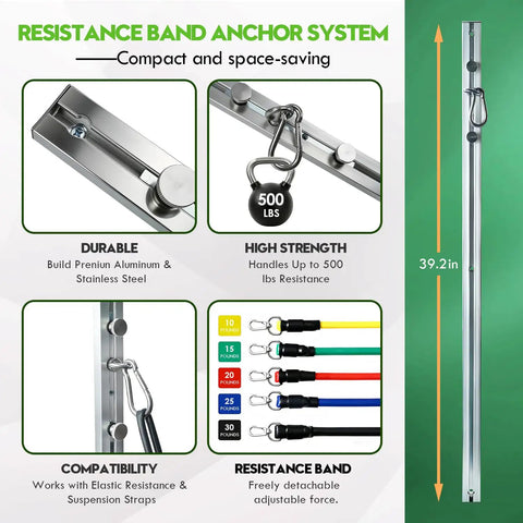 Heavy Duty Aluminum Anchor Mount For Wall Mounted Resistance Bands, 39.2in high, supports 500 lbs resistance, ideal for strength training.