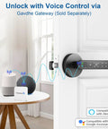 Fingerprint Smart Door Lock With Keypad For Keyless Entry 4 In 1 Knob on door shown with voice control features.