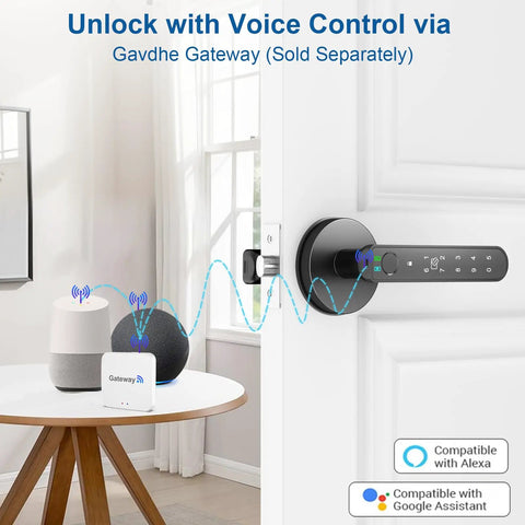 Fingerprint Smart Door Lock With Keypad For Keyless Entry 4 In 1 Knob on door shown with voice control features.