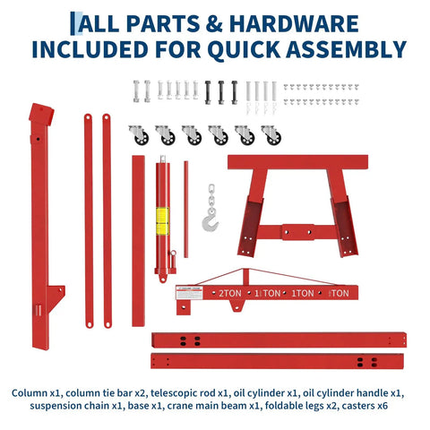 Built Different 2 Ton Folding Engine Hoist Paired With 3 4 Ton Under Hoist Support Stand Featuring Adjustable Boom and Rust Resistant Coating For Real Garage Hustle assembly parts and hardware.