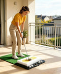 Woman practicing on Chipping And Sand Trap Golf Practice Mat For Backyard And Indoor Use With Realistic Sand Simulation To Improve Sand Save