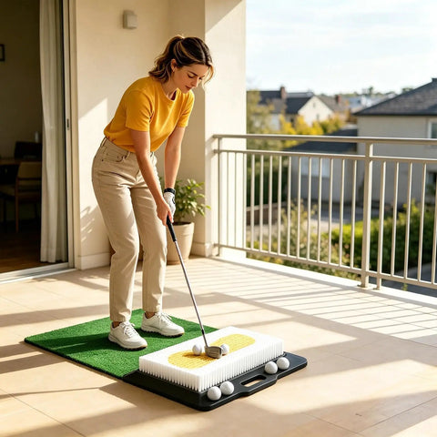 Woman practicing on Chipping And Sand Trap Golf Practice Mat For Backyard And Indoor Use With Realistic Sand Simulation To Improve Sand Save