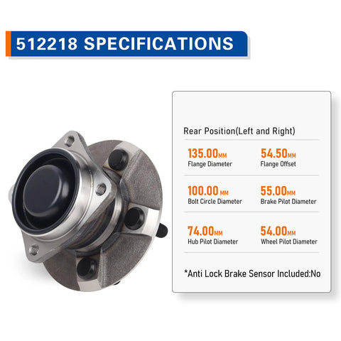 Two Piece Rear Wheel Hub Bearing Assembly Kit For 2003 Through 2008 Pontiac Vibe 2000 Through 2005 Toyota Celica And 2003 Through 2008 Corolla Matrix FWD Non ABS Reliable OE Quality Hubs With Durable Bearings Ready To Install shown with specifications.