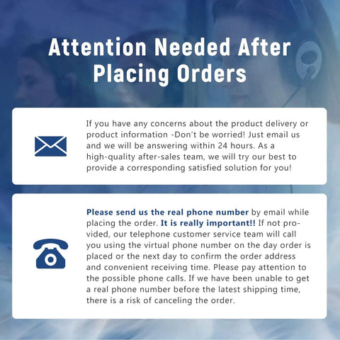 Attention Needed After Placing Orders message with email and phone icons for customer service communication.