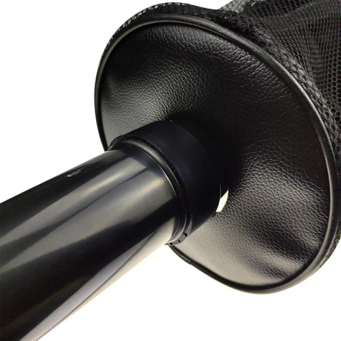 Close-up of No Bend Golf Ball Retriever with Detachable Shag Bag, showing the canvas and plastic build with slide over ball mechanism