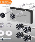4 Piece Slick Black Dice License Plate Bolt Kit With Shiny Aluminum Covers And Rust Proof Steel Fasteners For Your Whip Upgrade Drop Right In Setup Universal Fit showing install hardware parts and dice design.