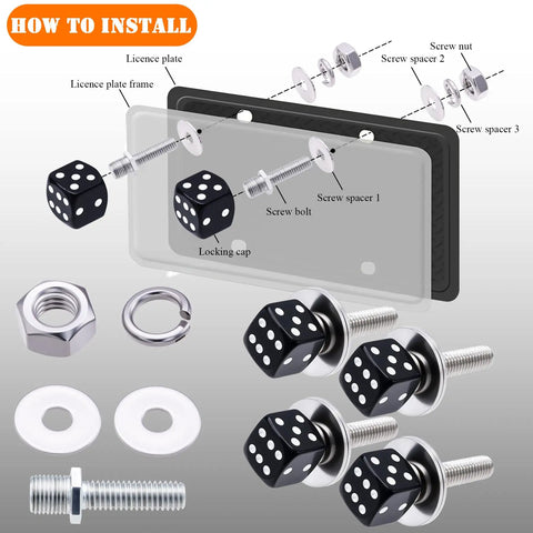 4 Piece Slick Black Dice License Plate Bolt Kit With Shiny Aluminum Covers And Rust Proof Steel Fasteners For Your Whip Upgrade Drop Right In Setup Universal Fit showing install hardware parts and dice design.