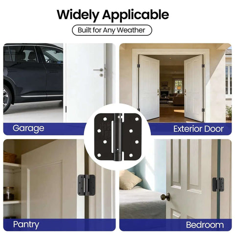 Self Closing Door Hinges 4 Inch Matte Black Spring Loaded Five Eighth Inch Radius Corners Adjustable Tension for Garage and Doors