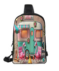 Flame Bird Camping Sling Bag with vintage camper and flamingo print for hiking and outdoor adventures.