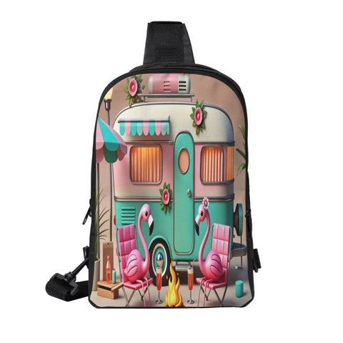 Flame Bird Camping Sling Bag with vintage camper and flamingo print for hiking and outdoor adventures.