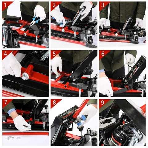 Step-by-step assembly of Heavy Duty Hydraulic Motorcycle Lift Jack Up To 1500 Lbs Portable Steel ATV Lift Stand with Wheels and Handle.