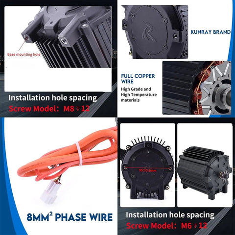 Diagram of 72V 5000W Brushless DC Motor for Go Karts showing base, copper wire, and installation details.