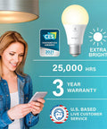 Woman using phone next to Alexa Compatible Smart Light Bulbs 100W Equivalent, 1500 Lumens, Soft White 2700K, with features highlighted.