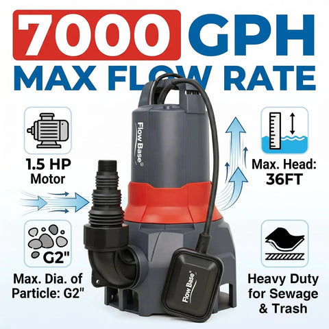 Heavy Duty Submersible Utility Sump Pump Delivers Knockout Water Flow Plug Play Setup Extended Runtime Cord Portable Thermoplastic Tank for 7000 GPH flow.