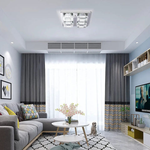 Crystal Flush Mount Chandelier With Remote Dope Modern 4 LED Square Ceiling Light in living room, chrome finish.
