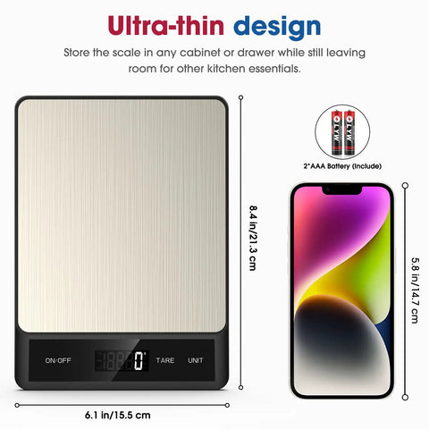 Digital Kitchen Scale For Cooking And Baking With 11lb Capacity Tare Function And LCD Display next to smartphone and batteries